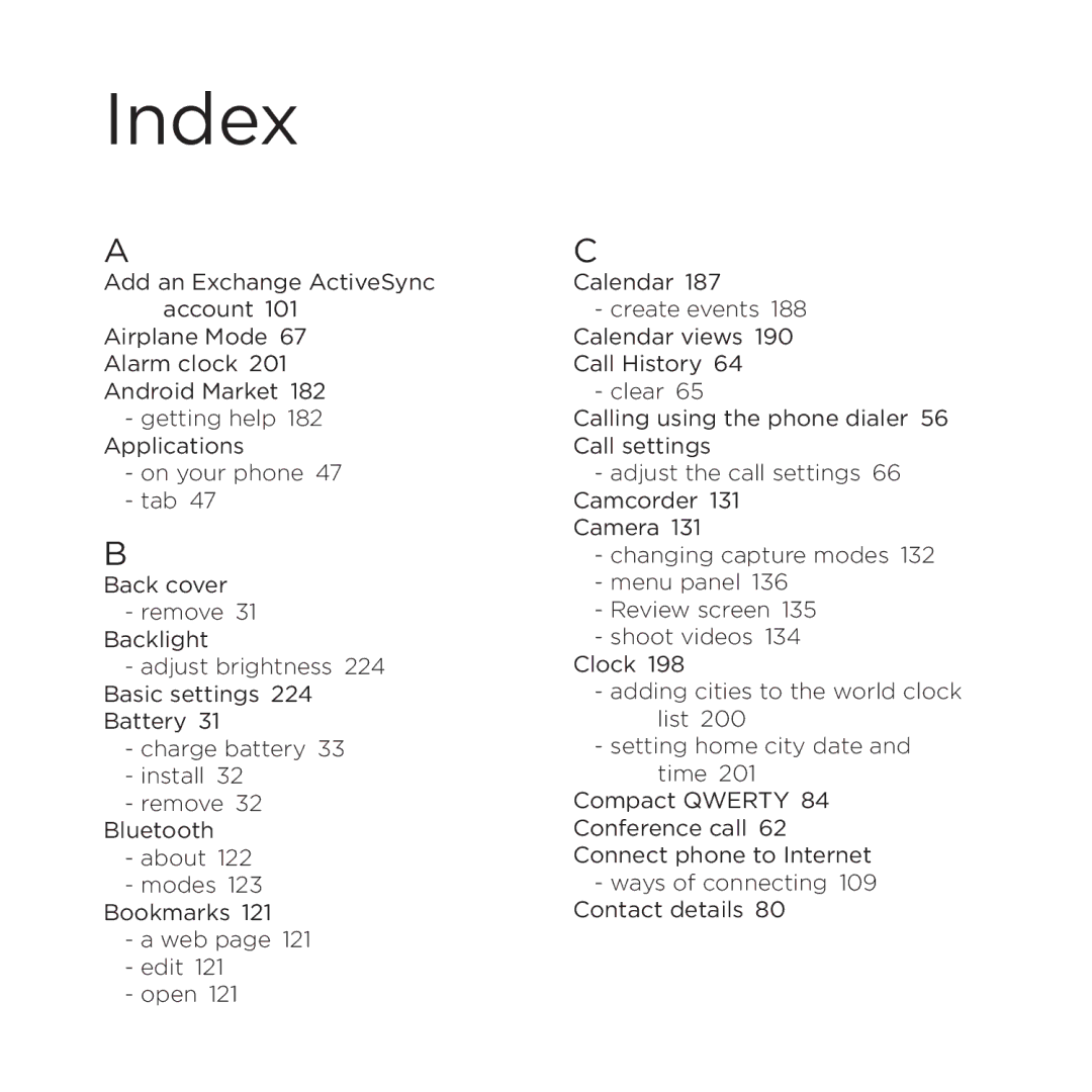 HTC 200 manual Index  